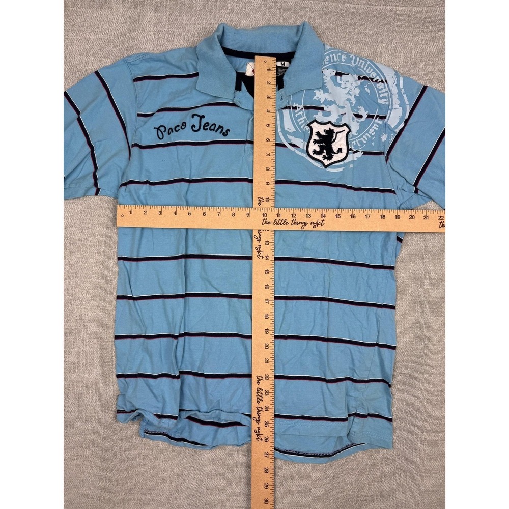 Paco Jeans Polo Shirt Mens Medium Blue Striped Long Sleeve Providence Crest - Picture 2 of 7
